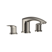 Polished nickel two-handle deck-mount roman tub filler with curved spout and cylindrical handles.