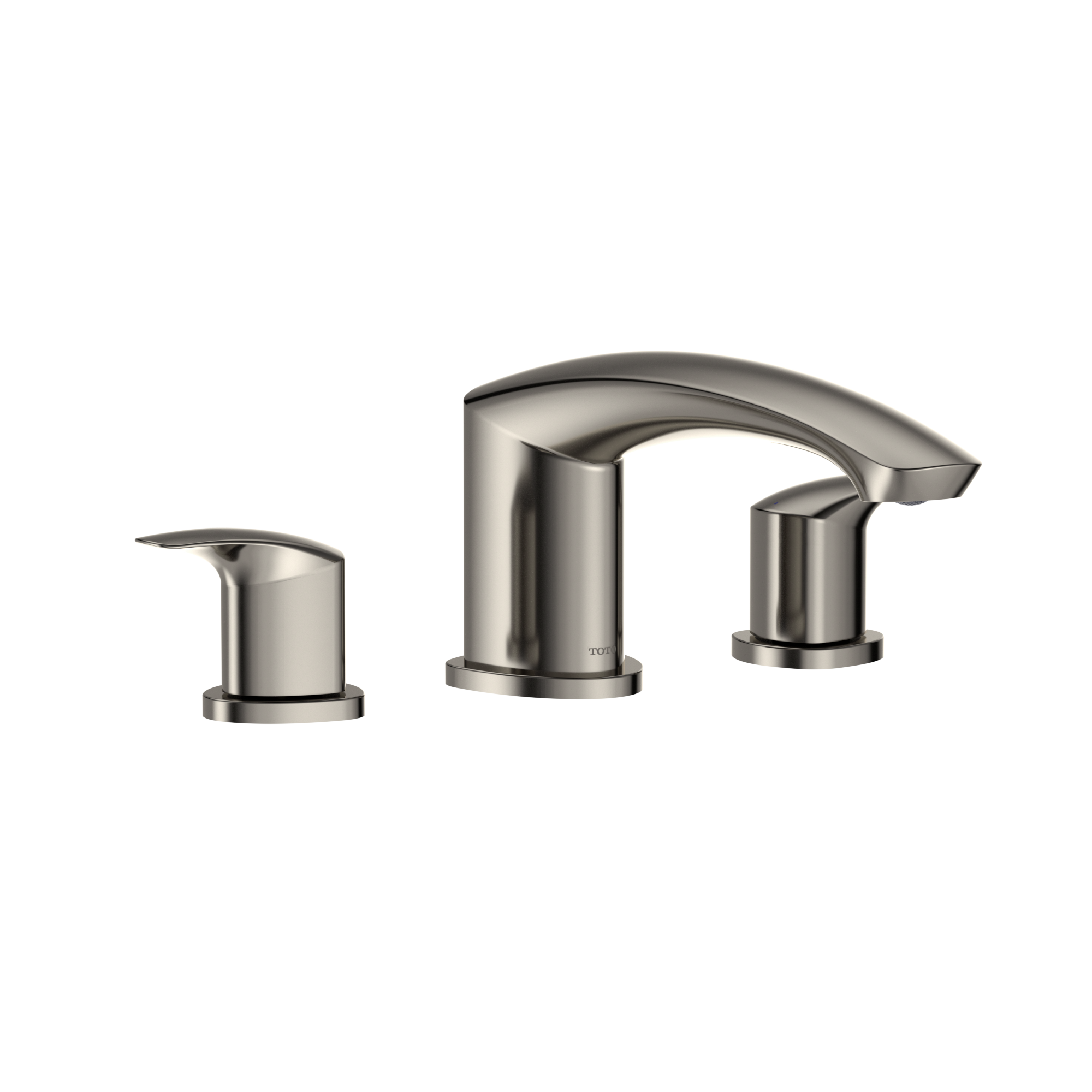 Polished nickel two-handle deck-mount roman tub filler with curved spout and cylindrical handles.