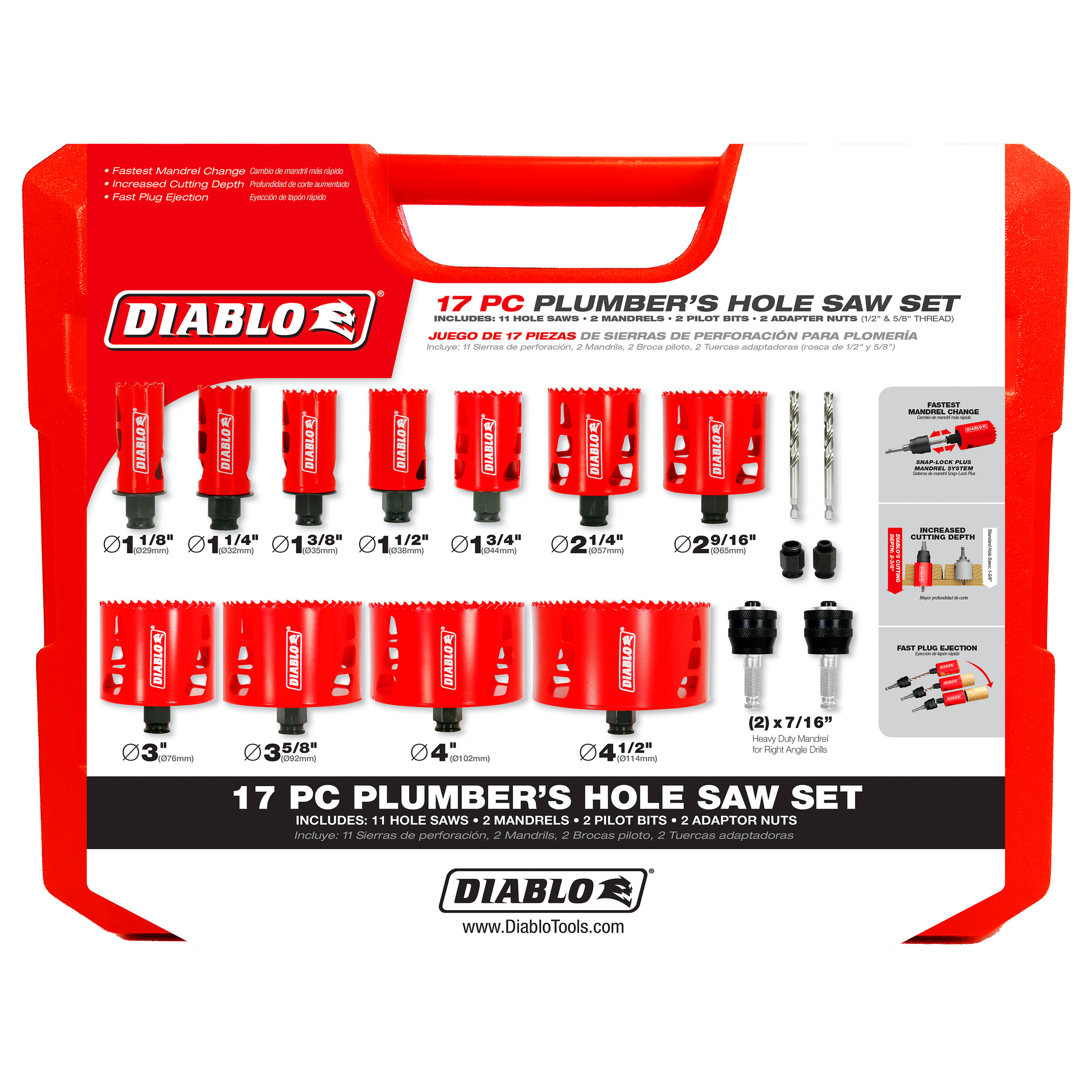 Red plastic case containing 11 bi-metal hole saws ranging from 1/8" to 4-1/2", 2 mandrels, 2 pilot bits, and 5 adaptor nuts.
