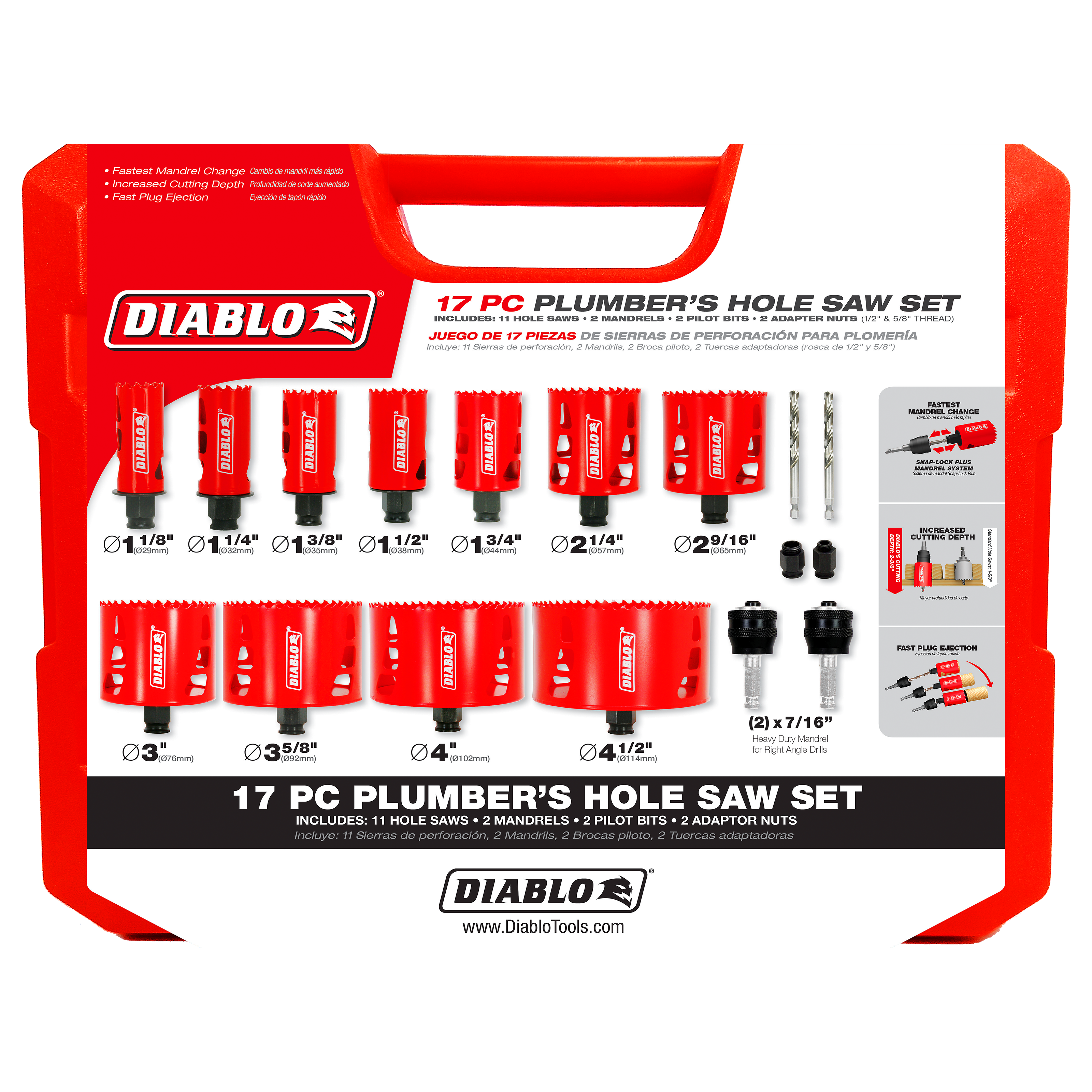 Red plastic case containing 11 bi-metal hole saws ranging from 1/8" to 4-1/2", 2 mandrels, 2 pilot bits, and 5 adaptor nuts.