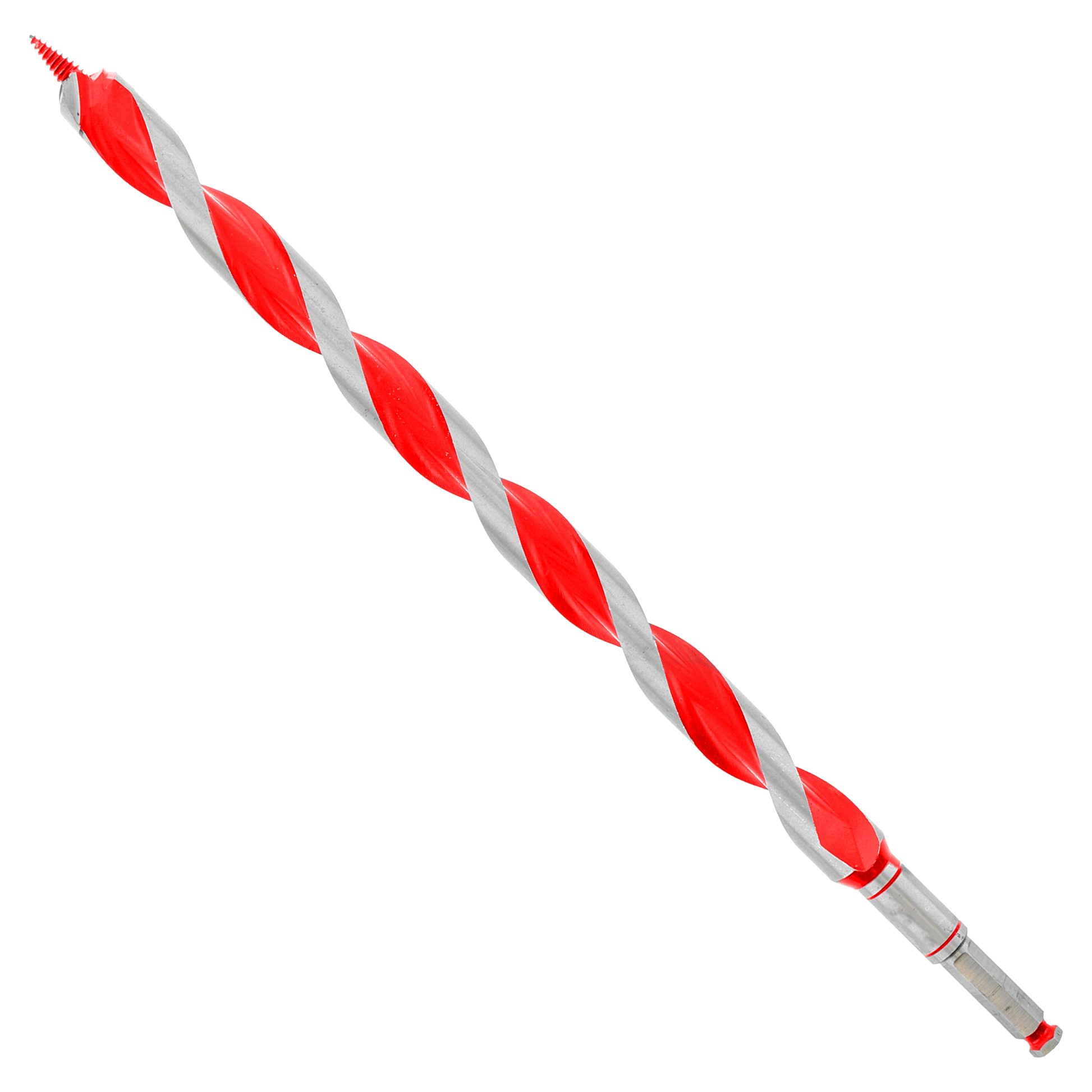 Red and gray spiral auger bit with pointed tip and cylindrical shank.
