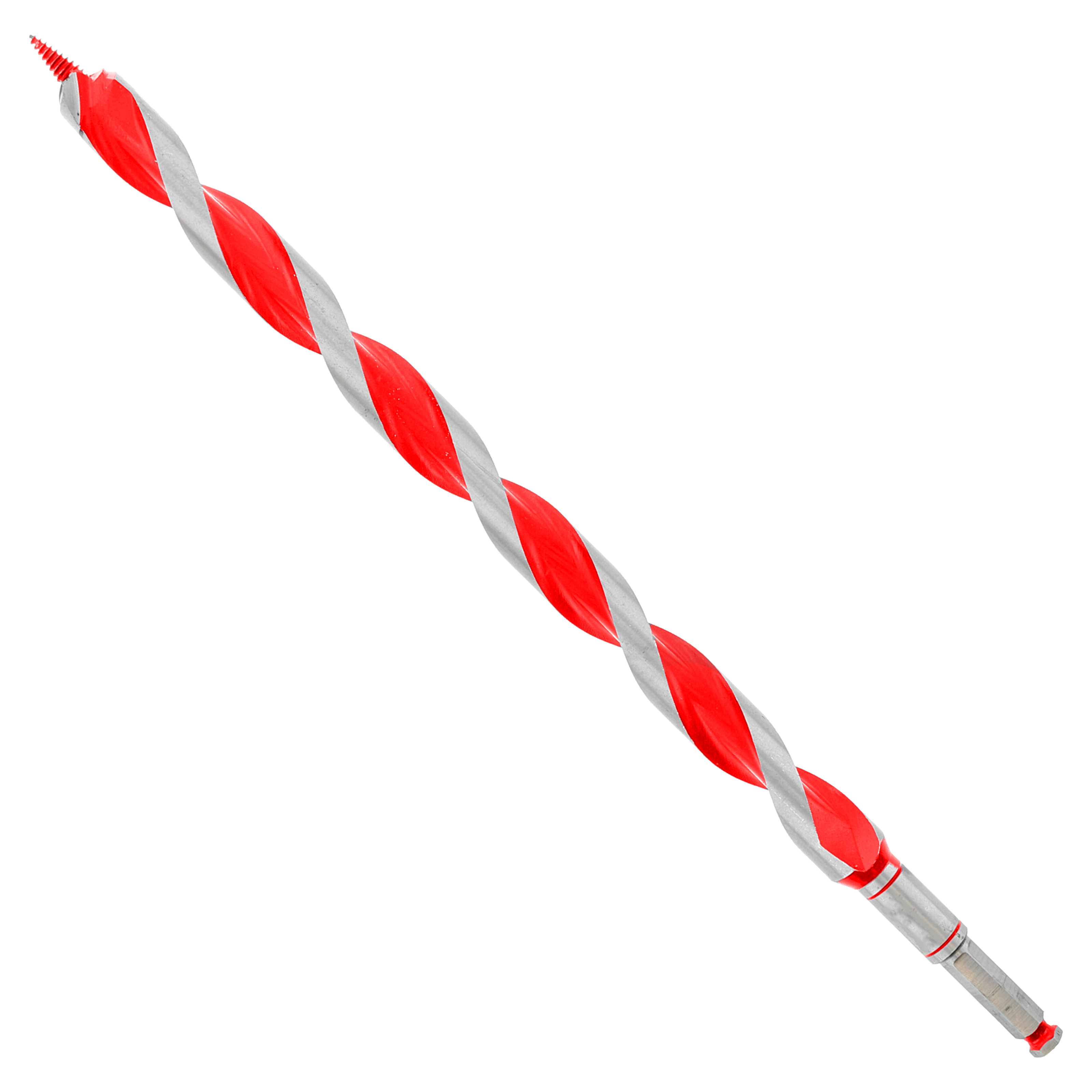 Red and gray spiral auger bit with pointed tip and cylindrical shank.