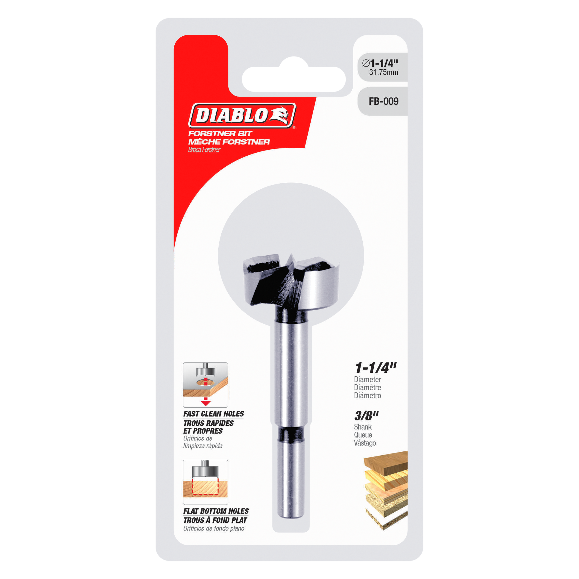Diablo FB-009 Forstner bit with 1-1/4 inch diameter and 3/8 inch shank on retail packaging.