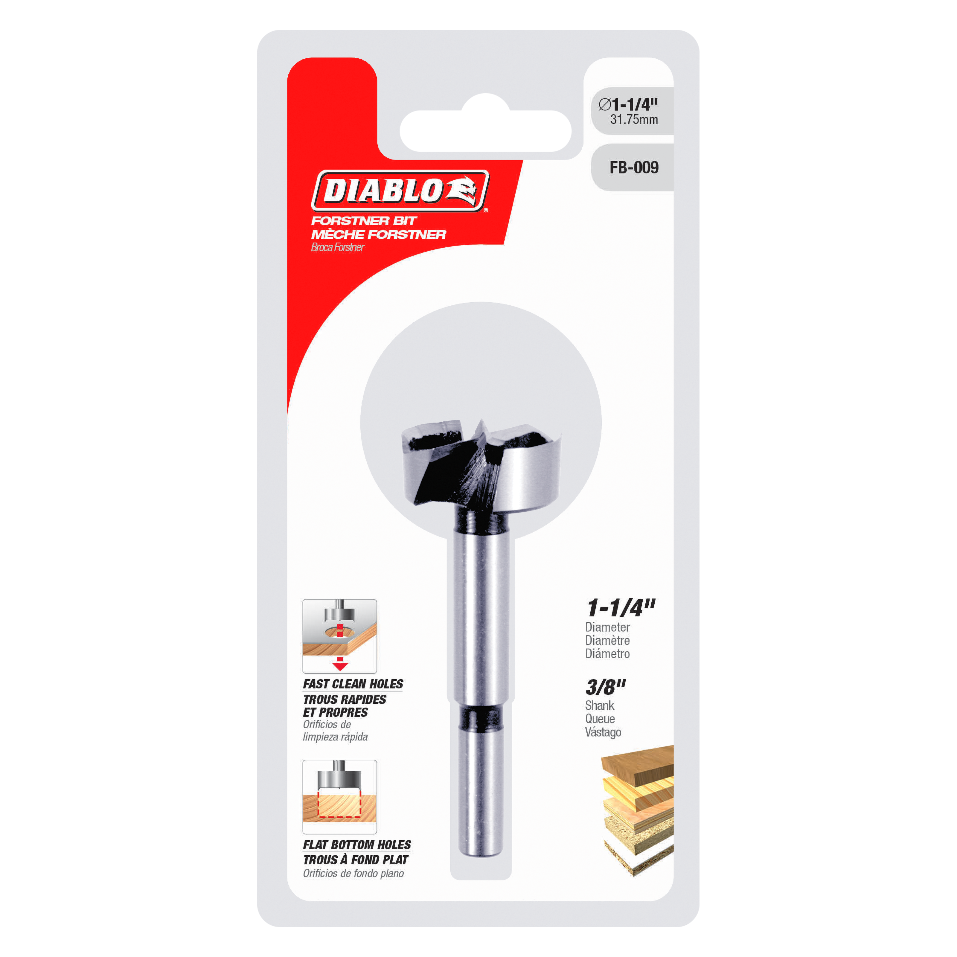 Diablo FB-009 Forstner bit with 1-1/4 inch diameter and 3/8 inch shank on retail packaging.