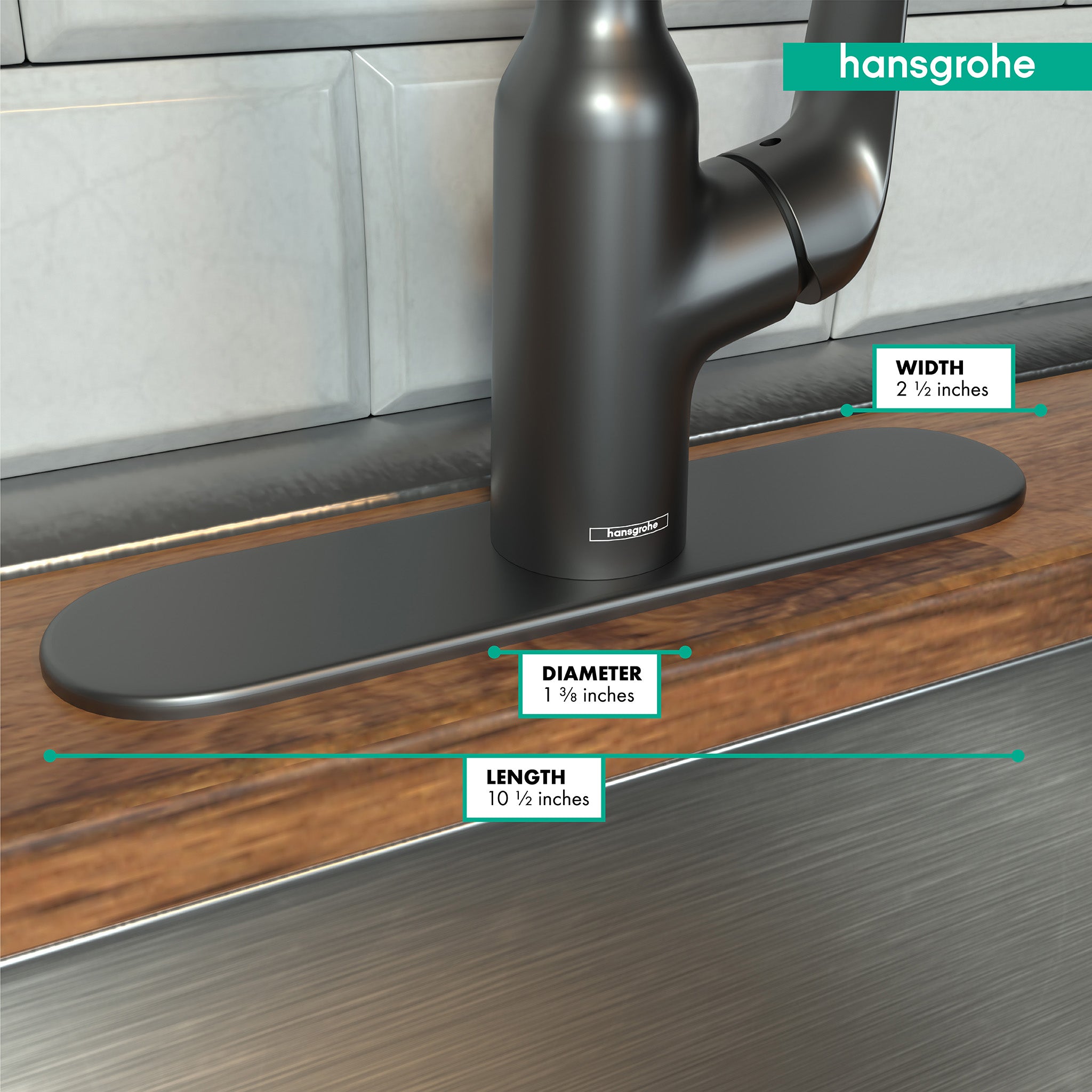 Brushed black chrome base plate for kitchen faucet mounted on wooden countertop with dimensions labeled.