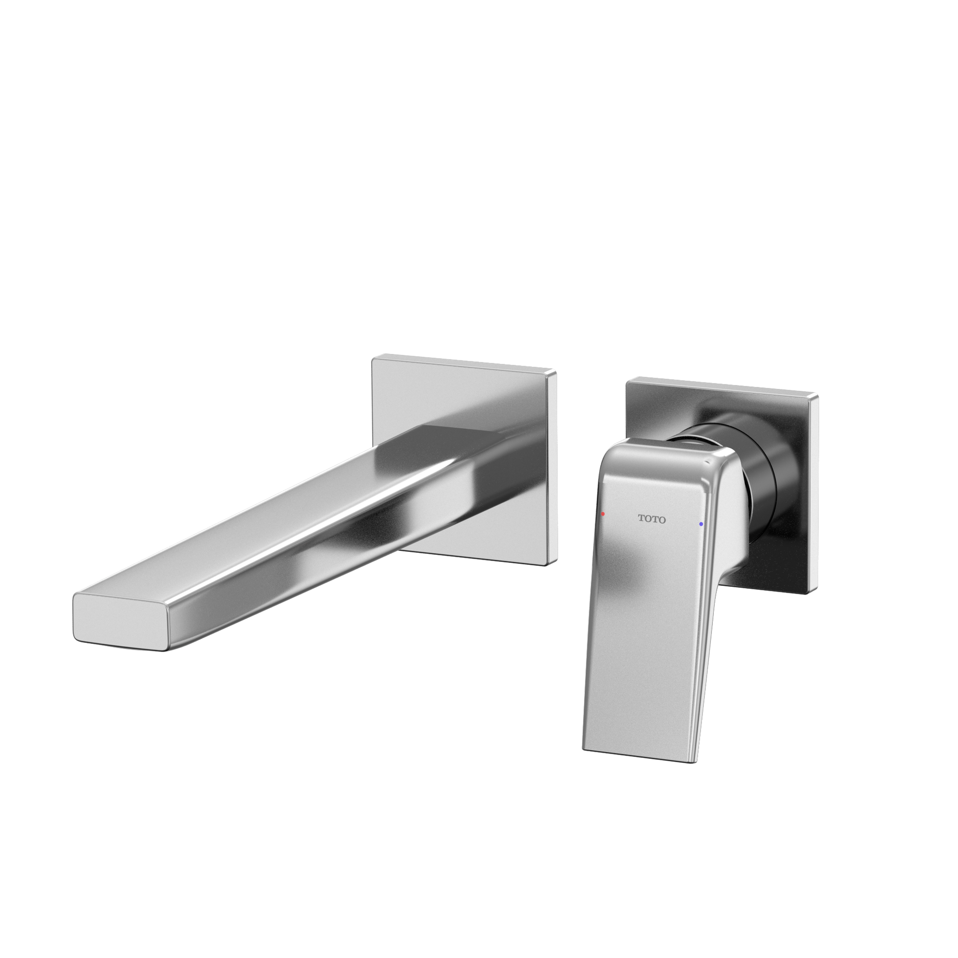 Polished chrome wall-mount bathroom faucet with single handle and extended spout.