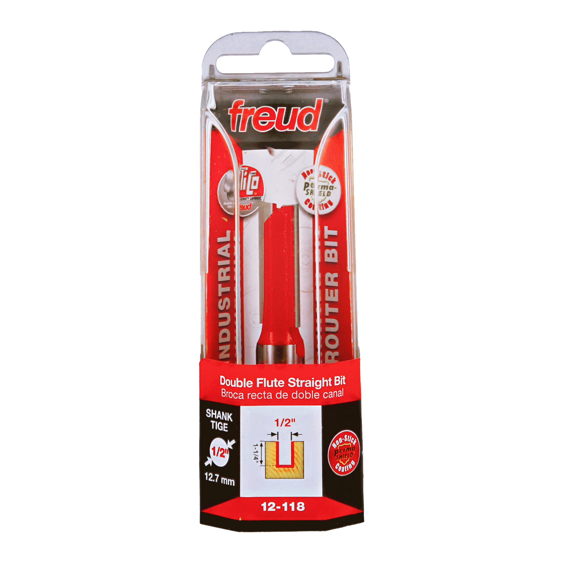 Freud 12-118 1/2" double flute straight router bit with red shank in clear plastic clamshell packaging.