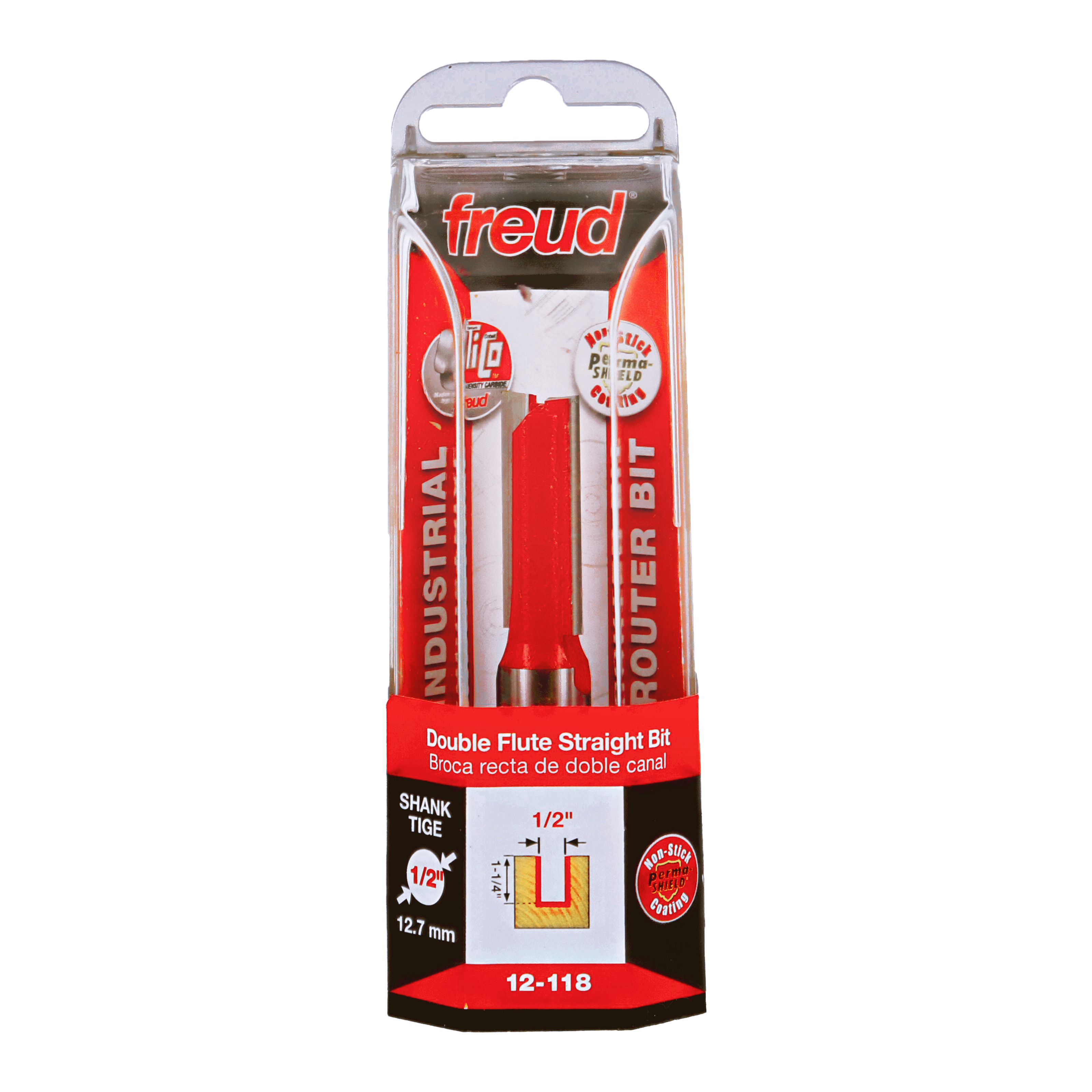 Freud 12-118 1/2" double flute straight router bit with red shank in clear plastic clamshell packaging.