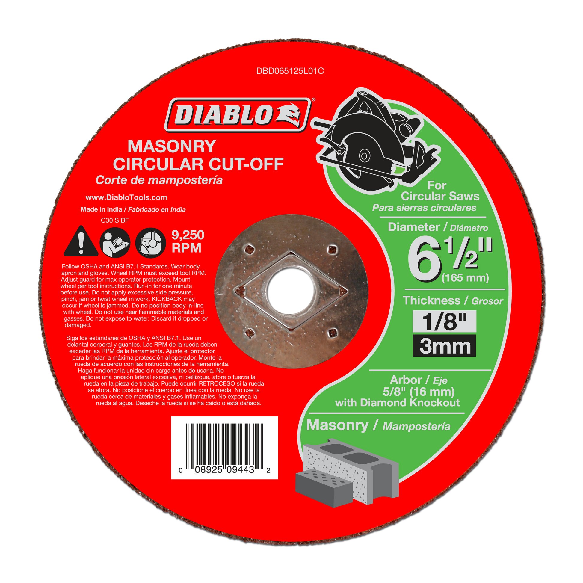 Diablo red masonry circular cut-off disc with 6-1/2 inch diameter and 1/8 inch thickness, showing diamond knockout arbor desi