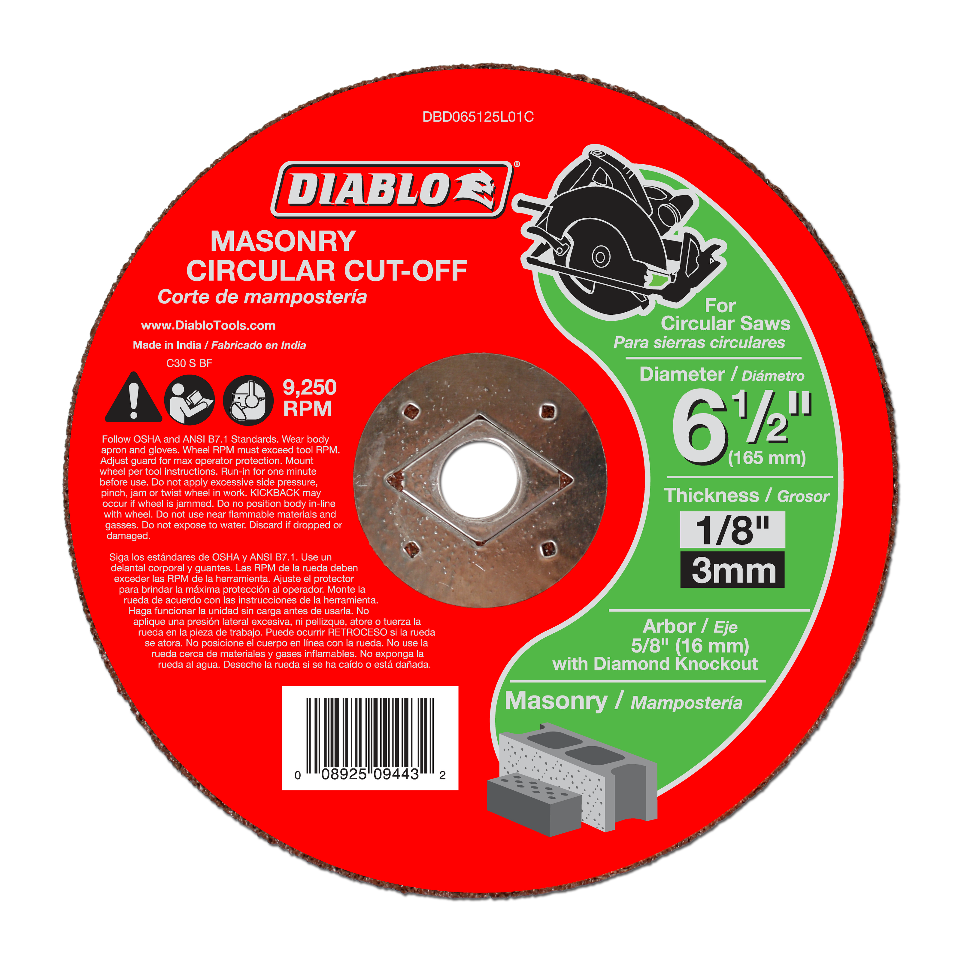 Diablo red masonry circular cut-off disc with 6-1/2 inch diameter and 1/8 inch thickness, showing diamond knockout arbor desi
