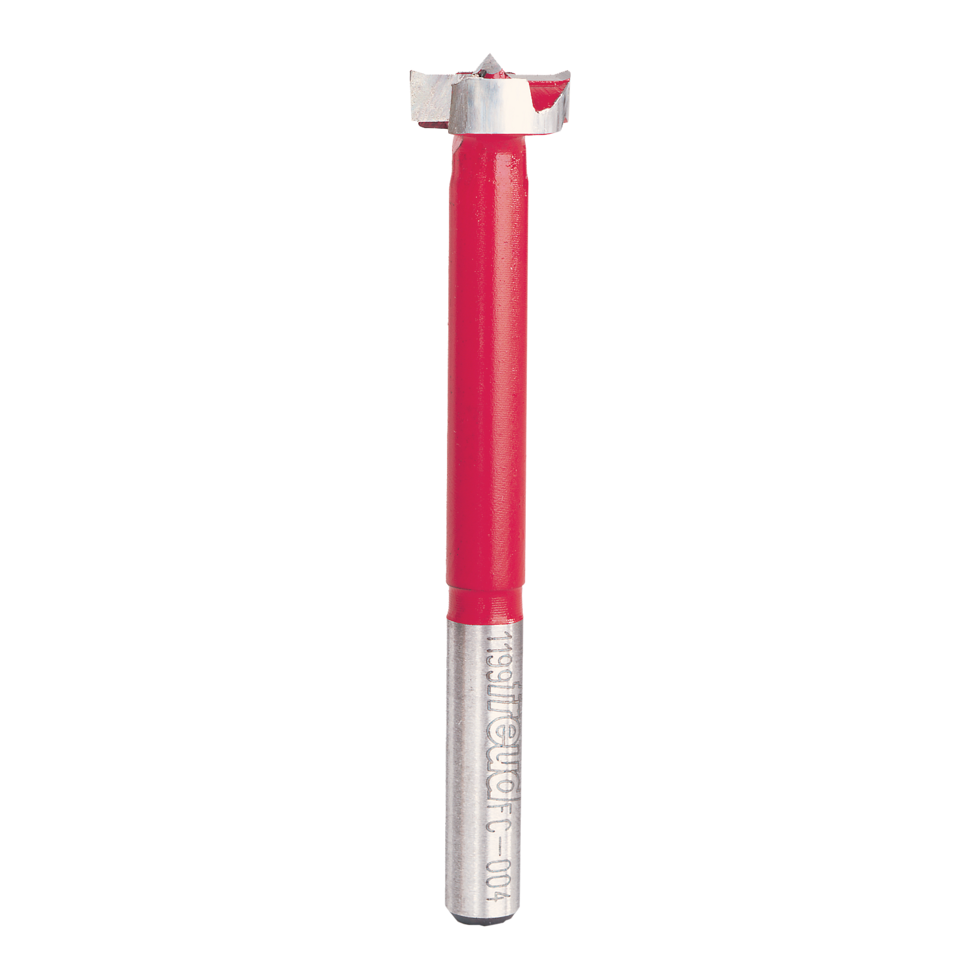 Freud FC-004 Forstner bit with red handle, metal shaft, and silver cutting head for drilling holes in wood.