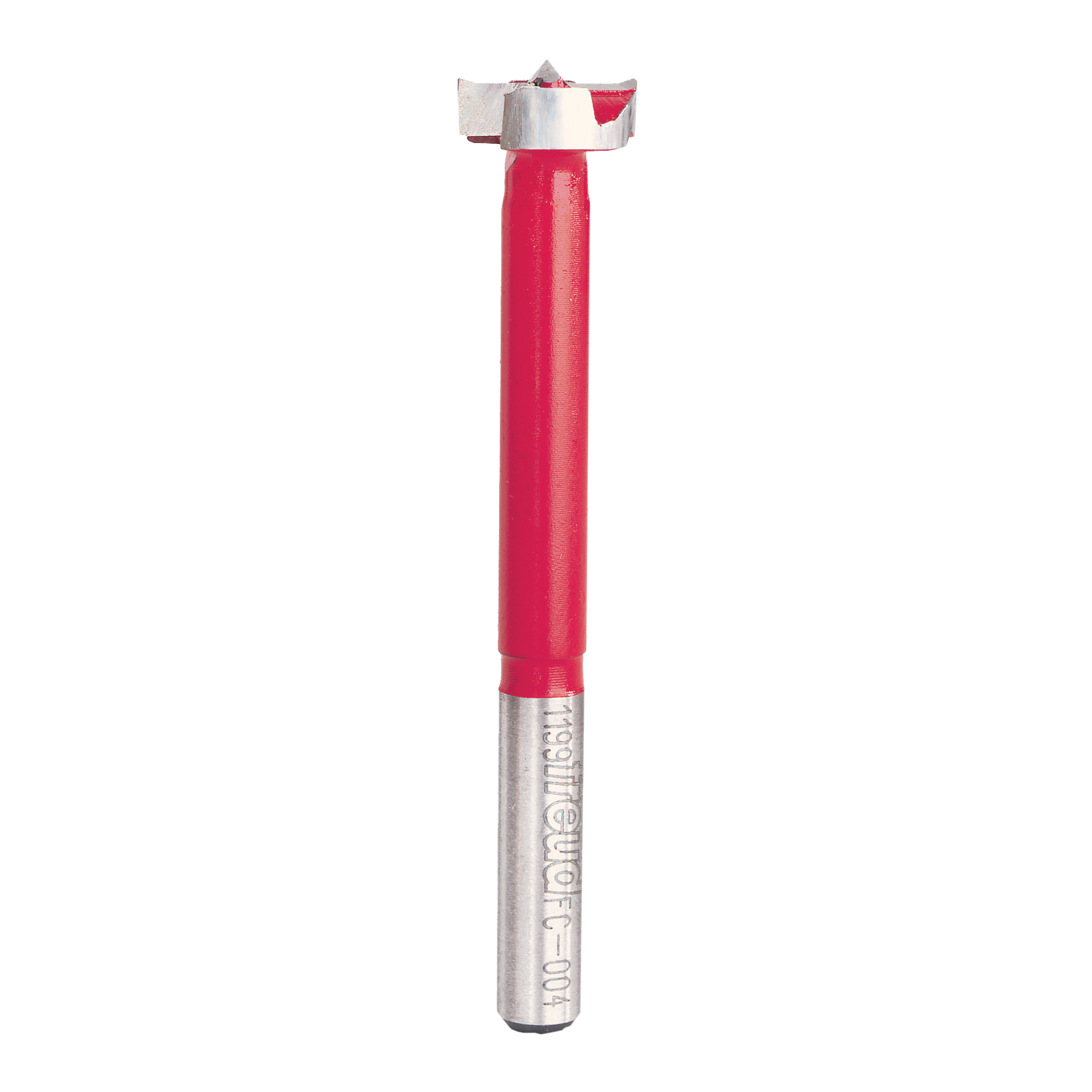 Freud FC-004 Forstner bit with red handle, metal shaft, and silver cutting head for drilling holes in wood.