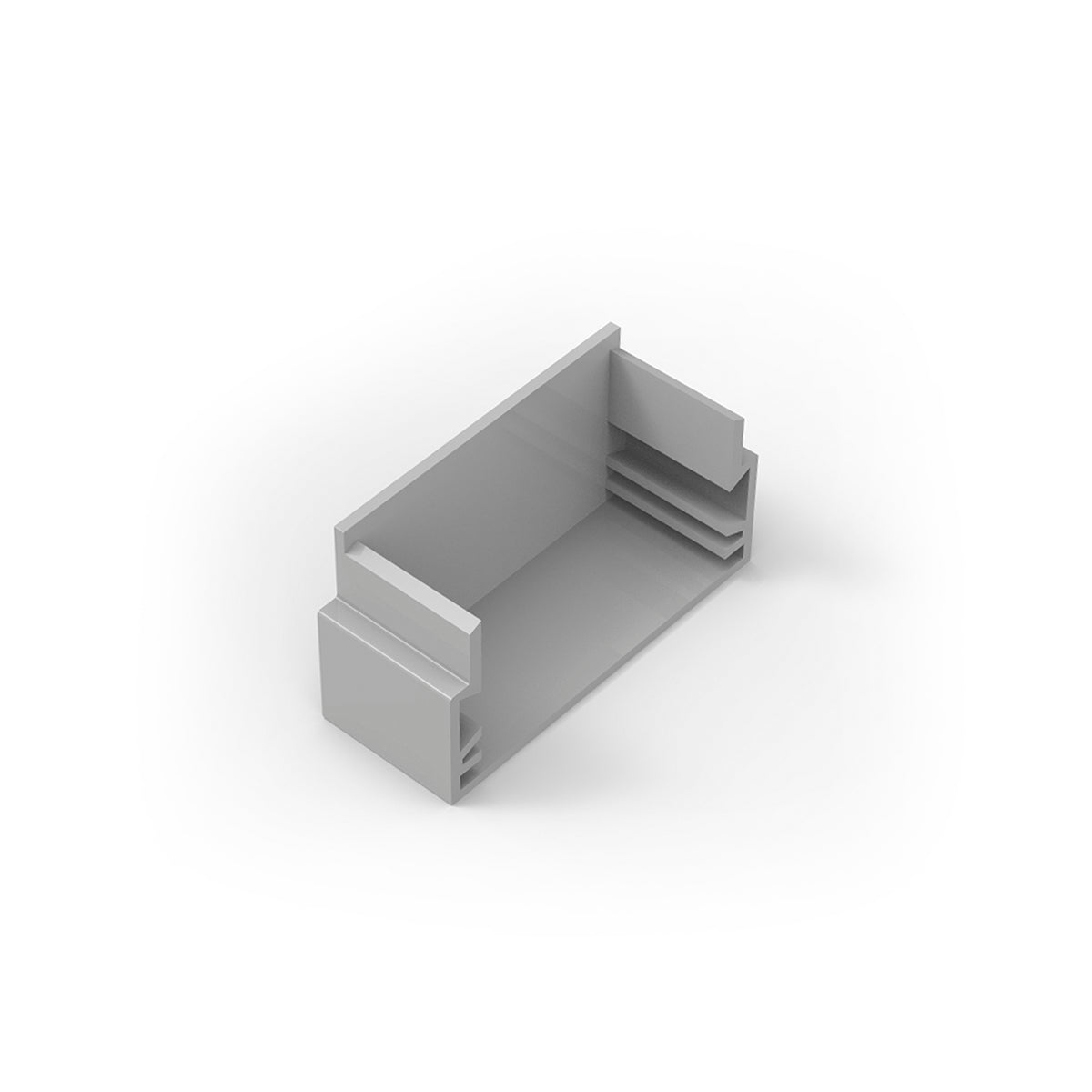 Gray metal linear drain component with rectangular basin and internal ledges shown in isometric view.