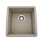 Truffle-colored single bowl undermount sink with chrome drain strainer and rounded corners, viewed from above.
