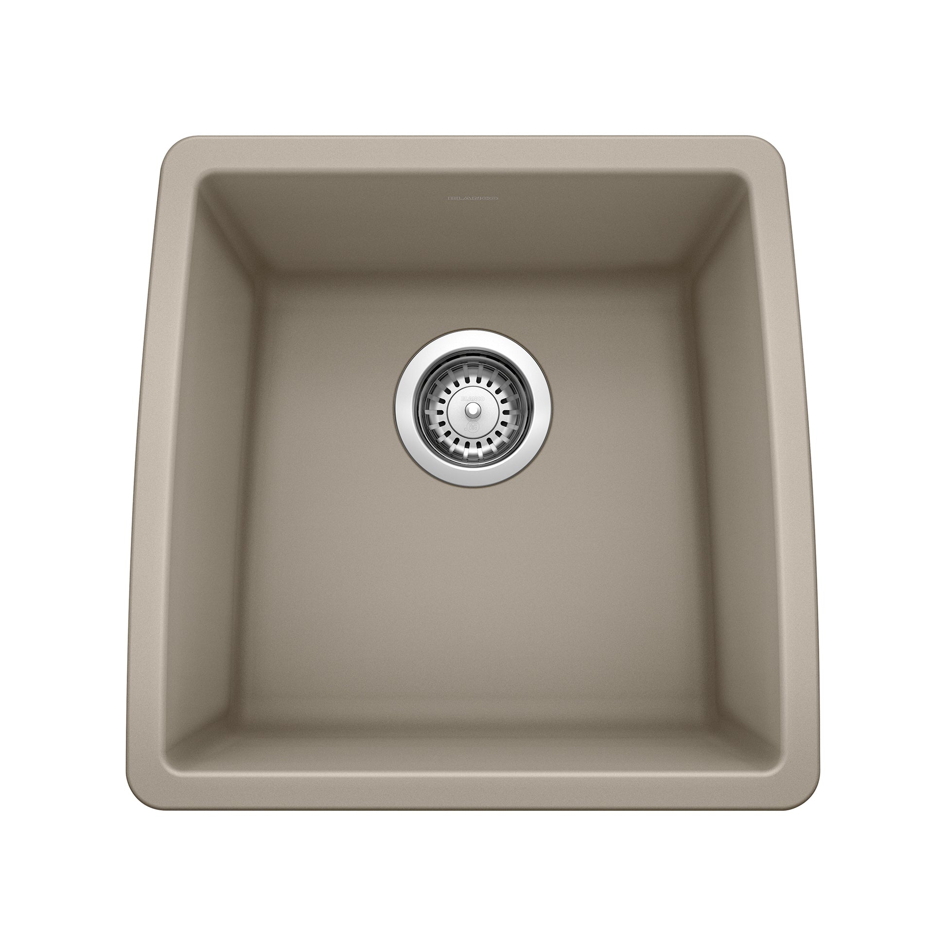 Truffle-colored single bowl undermount sink with chrome drain strainer and rounded corners, viewed from above.