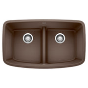 Cafe brown double bowl undermount sink with low-divide center partition and chrome drain strainers.