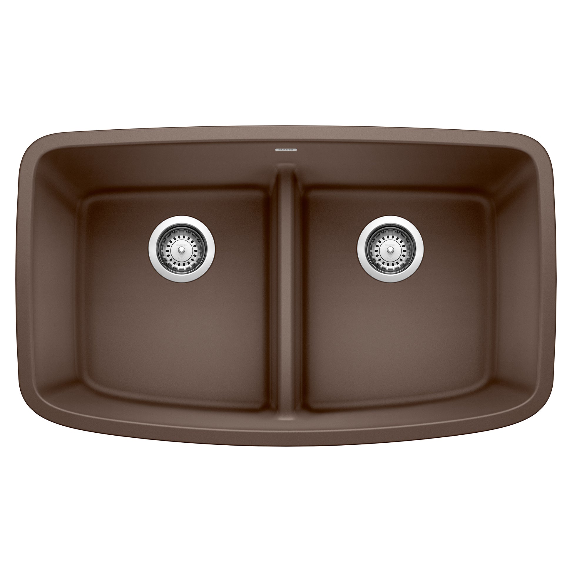 Cafe brown double bowl undermount sink with low-divide center partition and chrome drain strainers.