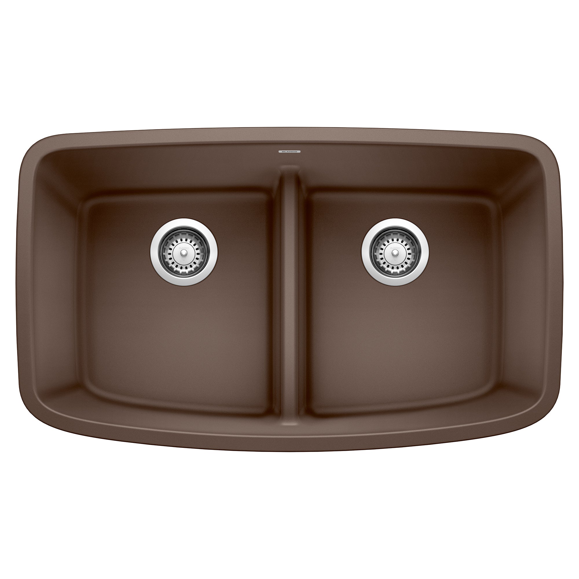 Cafe brown double bowl undermount sink with low-divide center partition and chrome drain strainers.