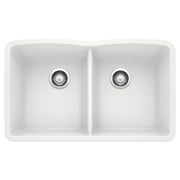 White double bowl undermount kitchen sink with equal-sized compartments and chrome drain strainers.
