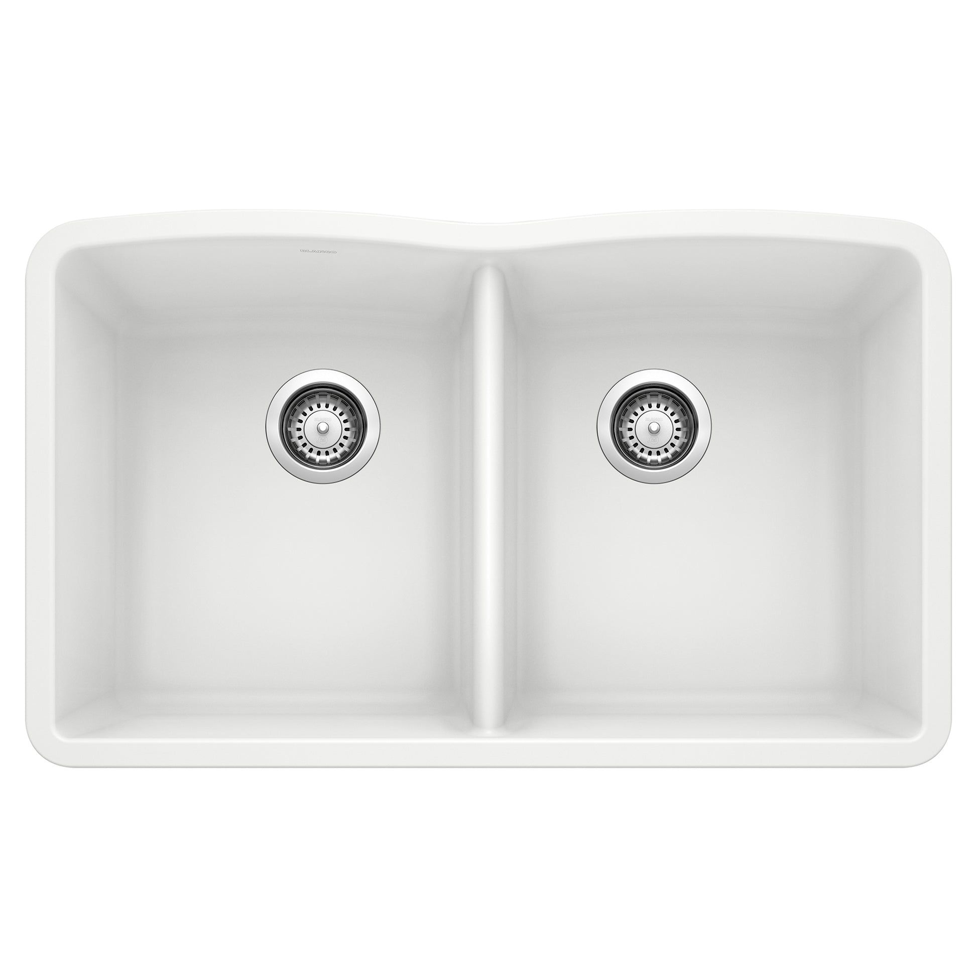 White double bowl undermount kitchen sink with equal-sized compartments and chrome drain strainers.