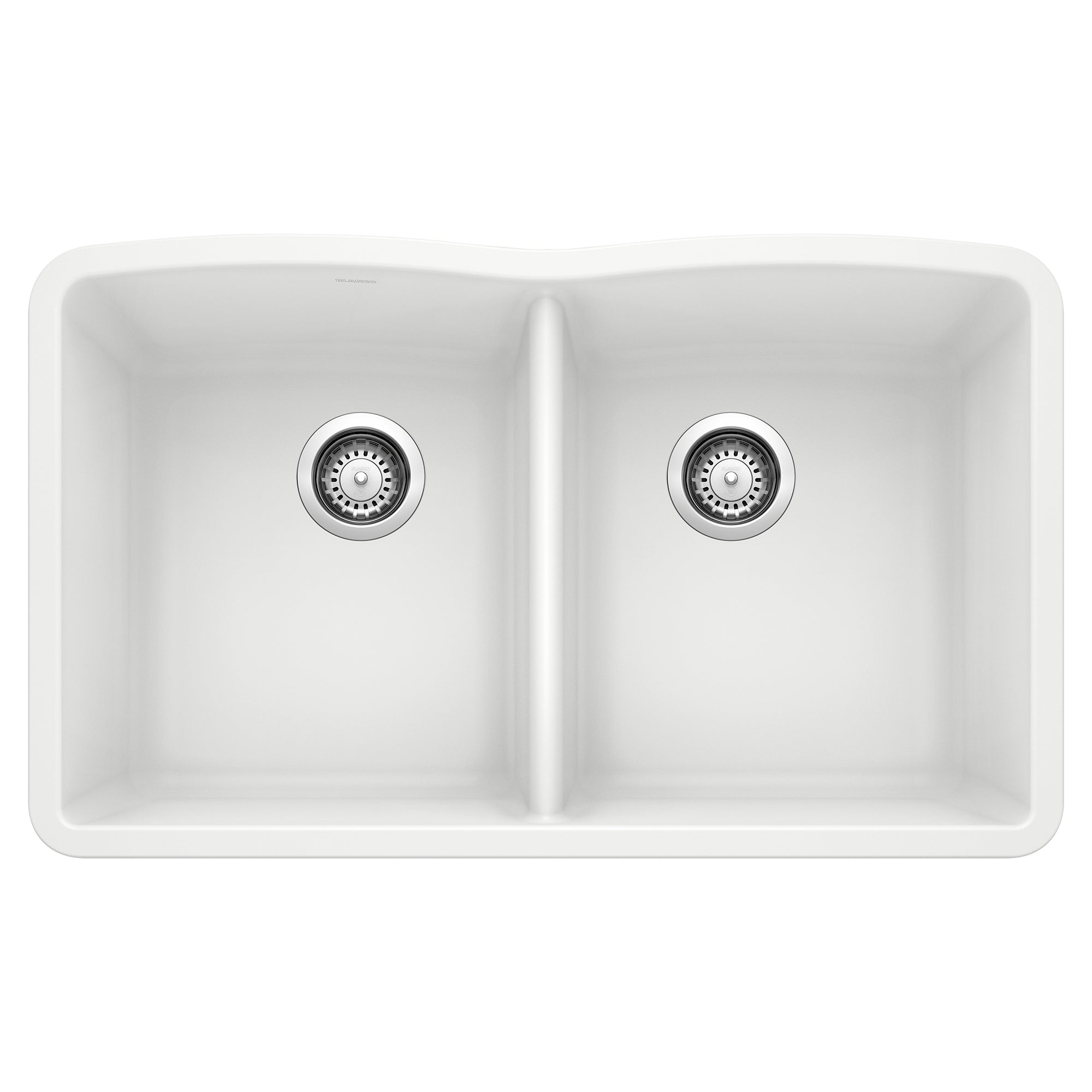 White double bowl undermount kitchen sink with equal-sized compartments and chrome drain strainers.