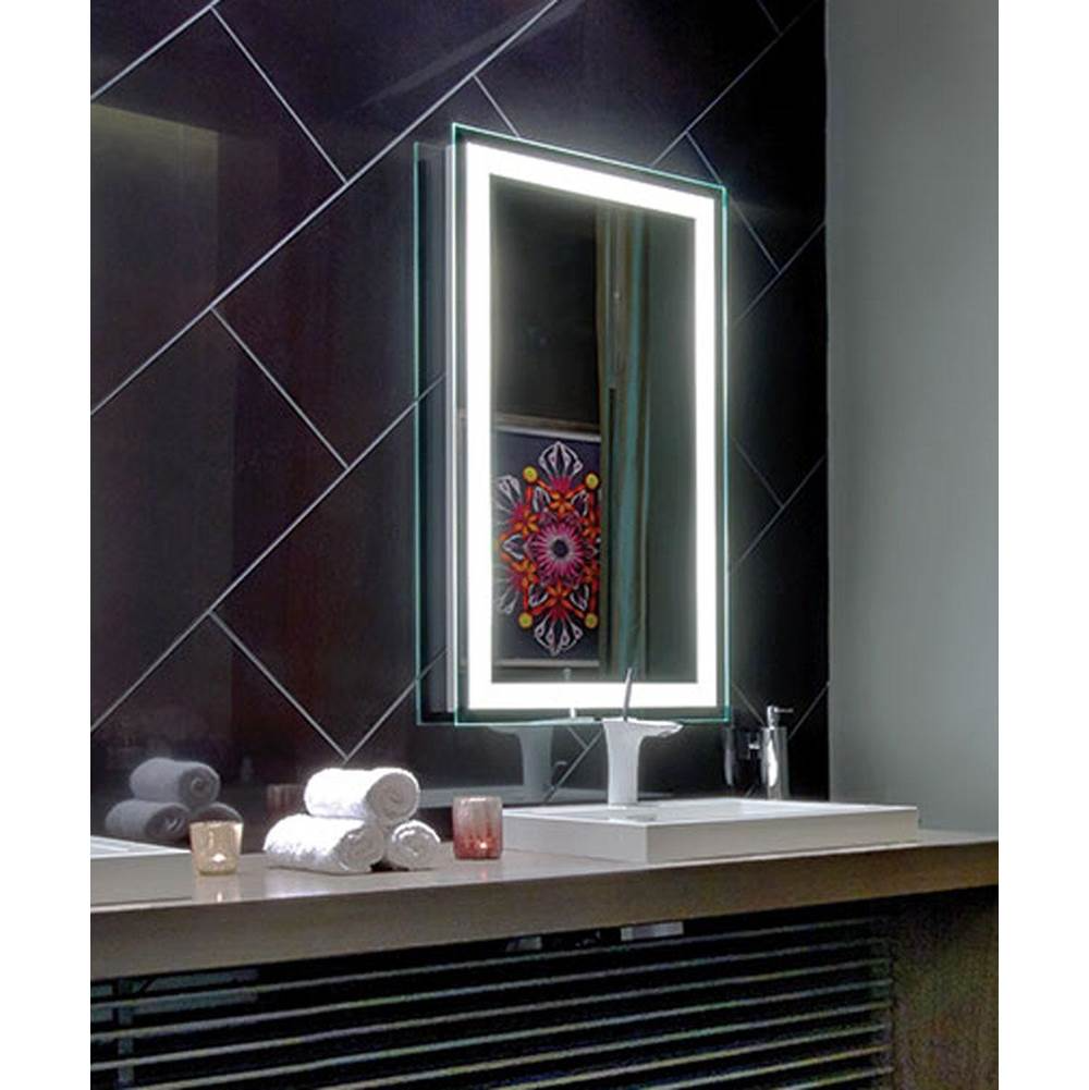 Rectangular lighted mirror with white LED border frame mounted above bathroom vanity counter with towels and accessories.