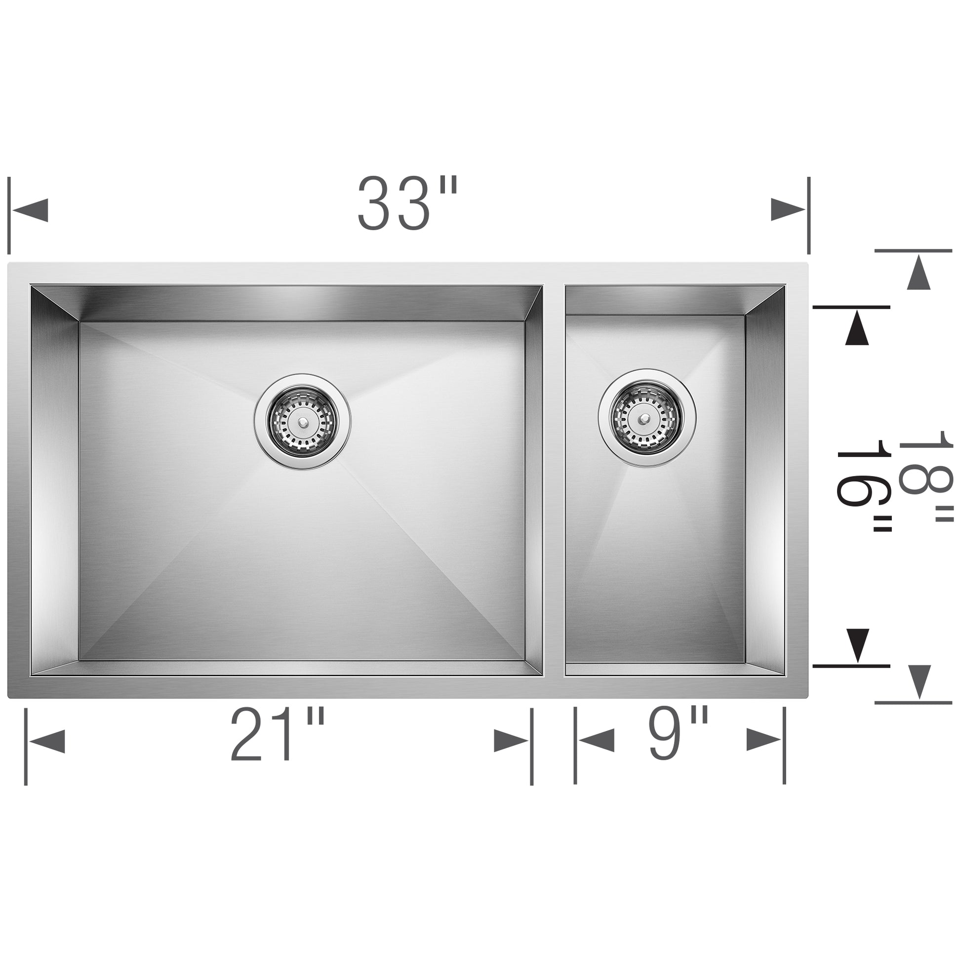 Stainless steel 1-1/2 bowl undermount sink with 33" width, larger left bowl and smaller right bowl, drain strainers visible.