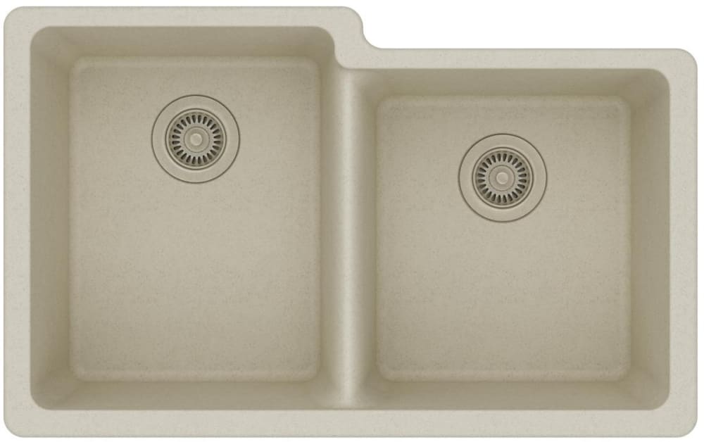 Bisque quartz double bowl undermount sink with offset bowls and drain strainers.