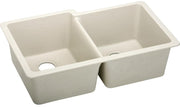Bisque quartz composite double bowl undermount sink with offset basins and drain holes.