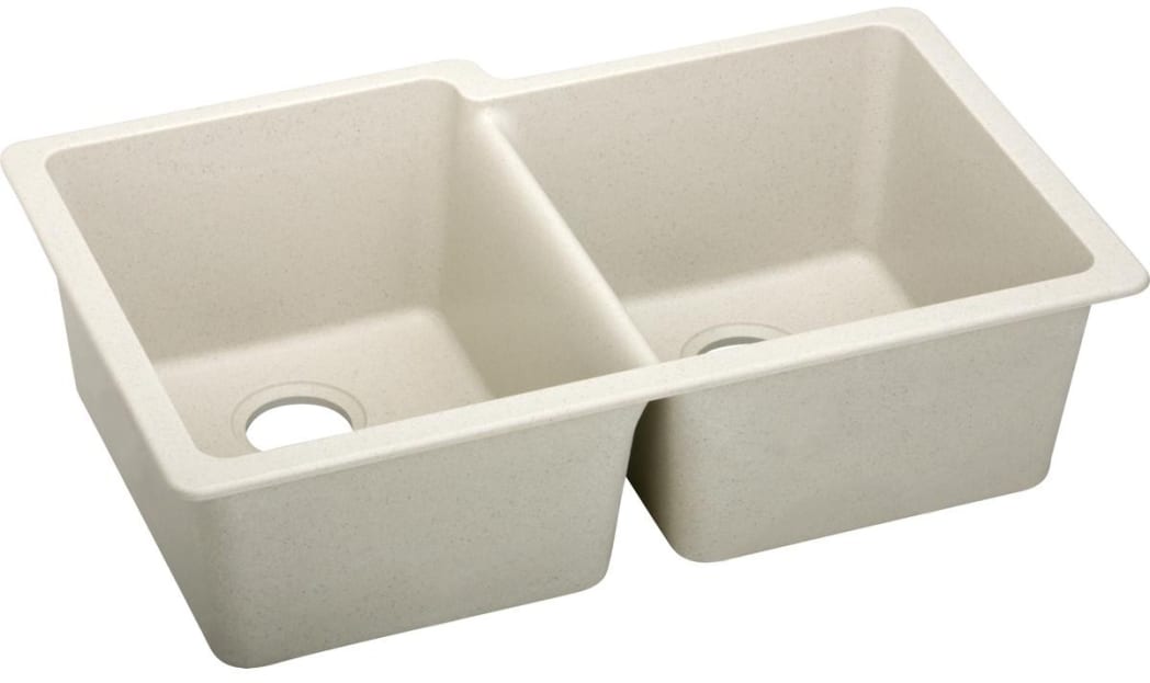 Bisque quartz composite double bowl undermount sink with offset basins and drain holes.