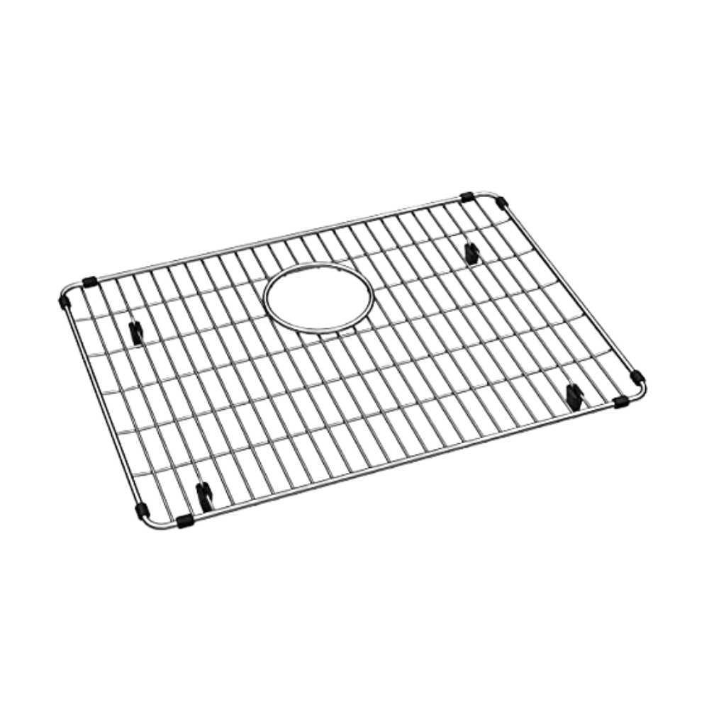 Stainless steel sink grid with parallel wire bars, circular drain opening, and black rubber corner feet.