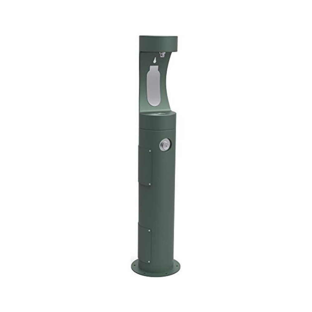 Evergreen pedestal water fountain with bottle filling spout and drinking fountain at base.
