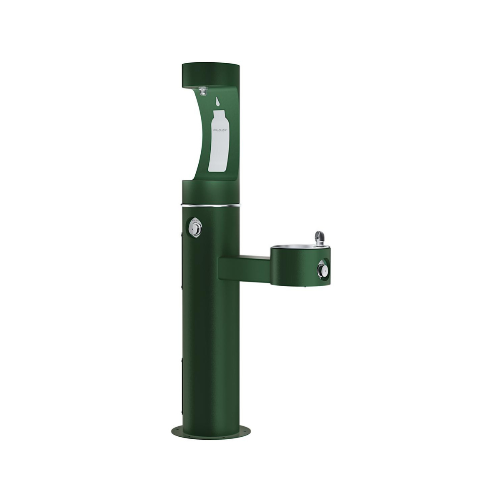 Evergreen pedestal bottle filling station with upper spout and lower bowl fountain on white background.