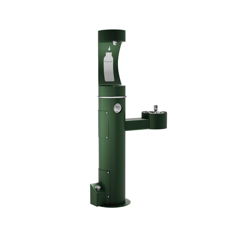 Green pedestal water fountain with upper bottle filling station and lower drinking fountain on white background.