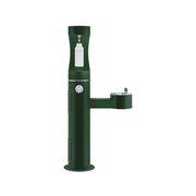 Green pedestal bottle filling station with upper and lower spouts, featuring a white panel and circular valve control.