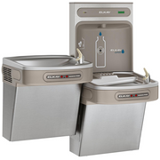 Stainless steel Elkay water station with two drinking fountains at different heights and wall-mounted bottle filler unit.