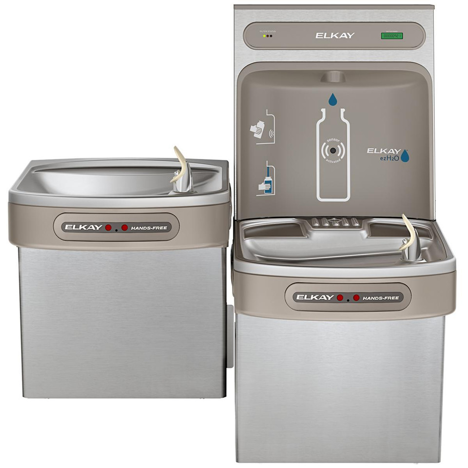 Elkay stainless steel bottle filling station with dual height coolers, hands-free activation, and filtered water dispenser.