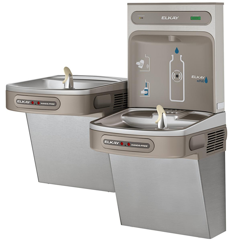 Elkay stainless steel bi-level bottle filling station with dual drinking fountains, hands-free activation, and filtered water