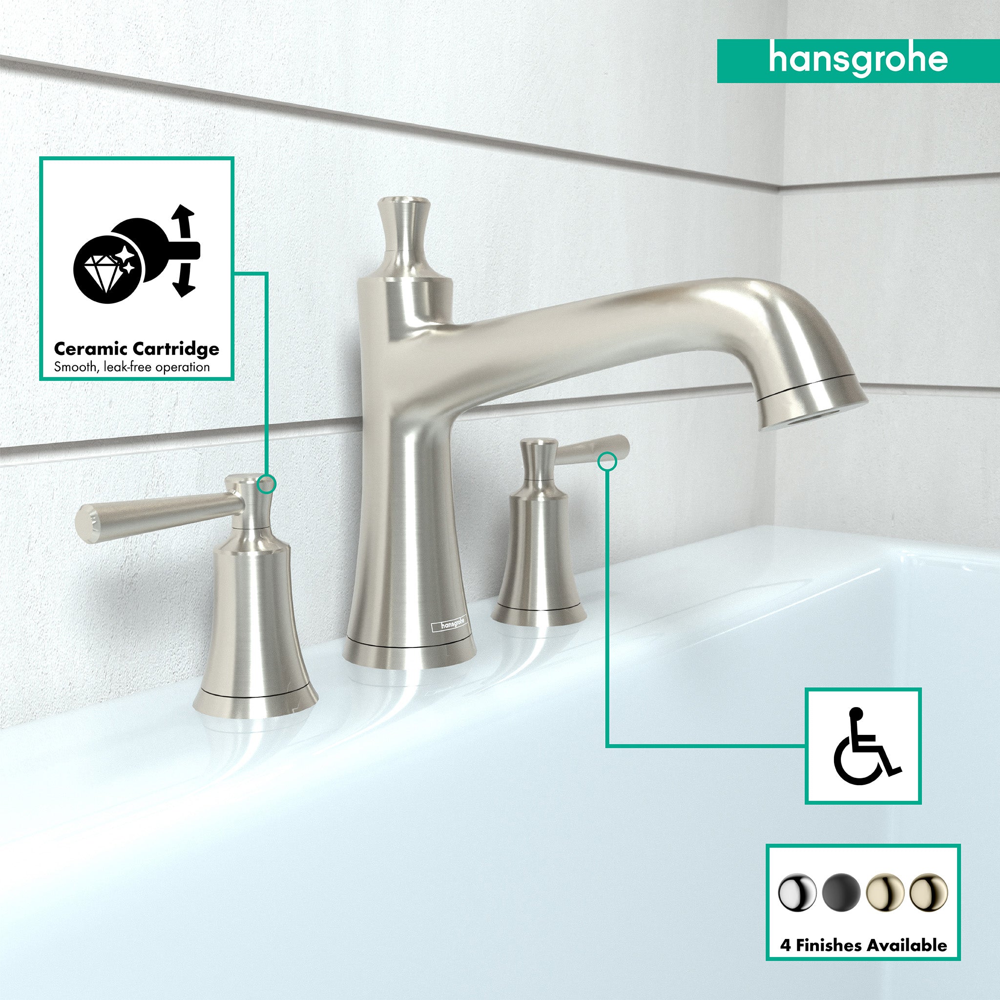 Brushed nickel three-hole roman tub faucet set with curved spout and two lever handles mounted on white tub surround.