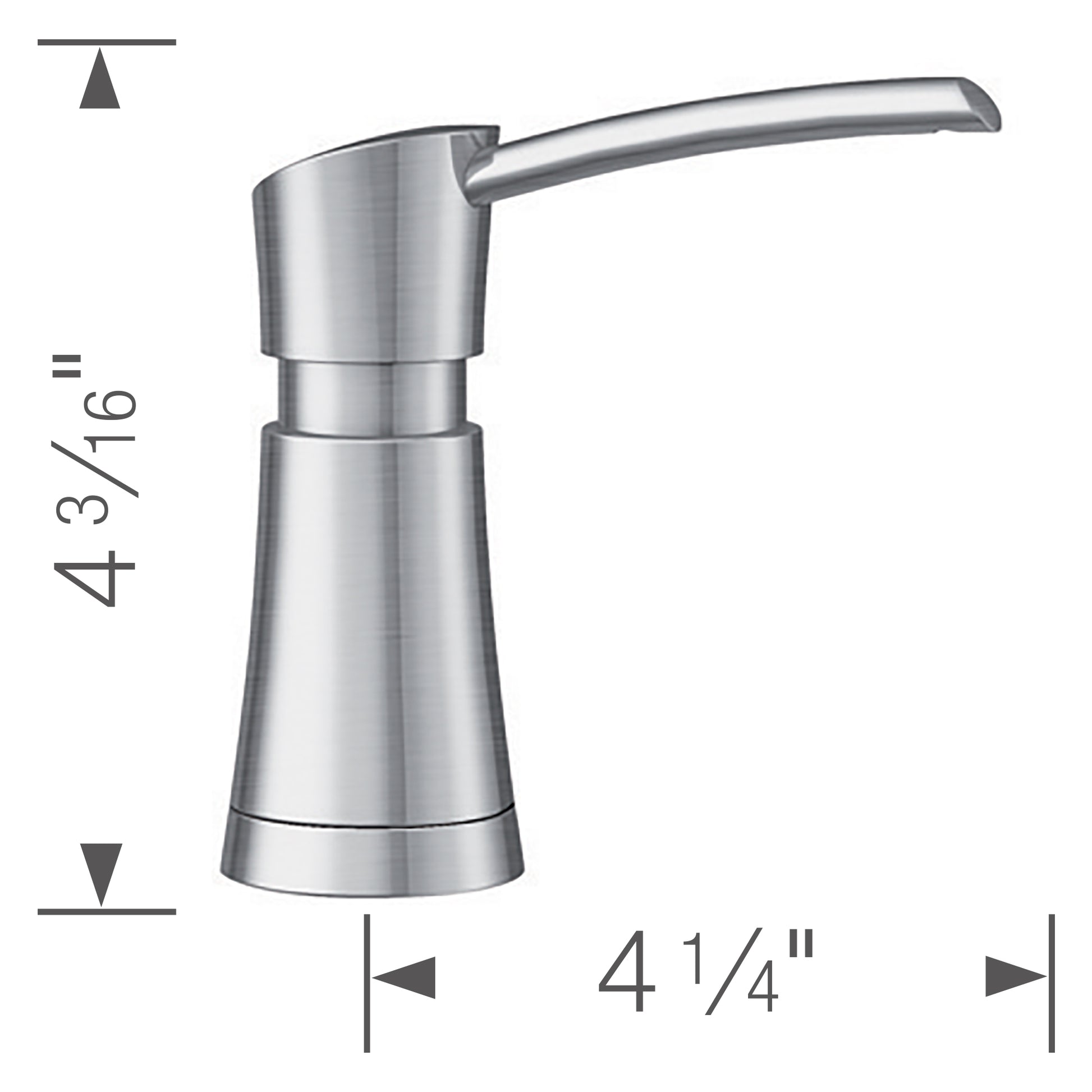 Stainless steel soap dispenser with tapered cylindrical body and curved handle spout, 4 3/16 inches tall.