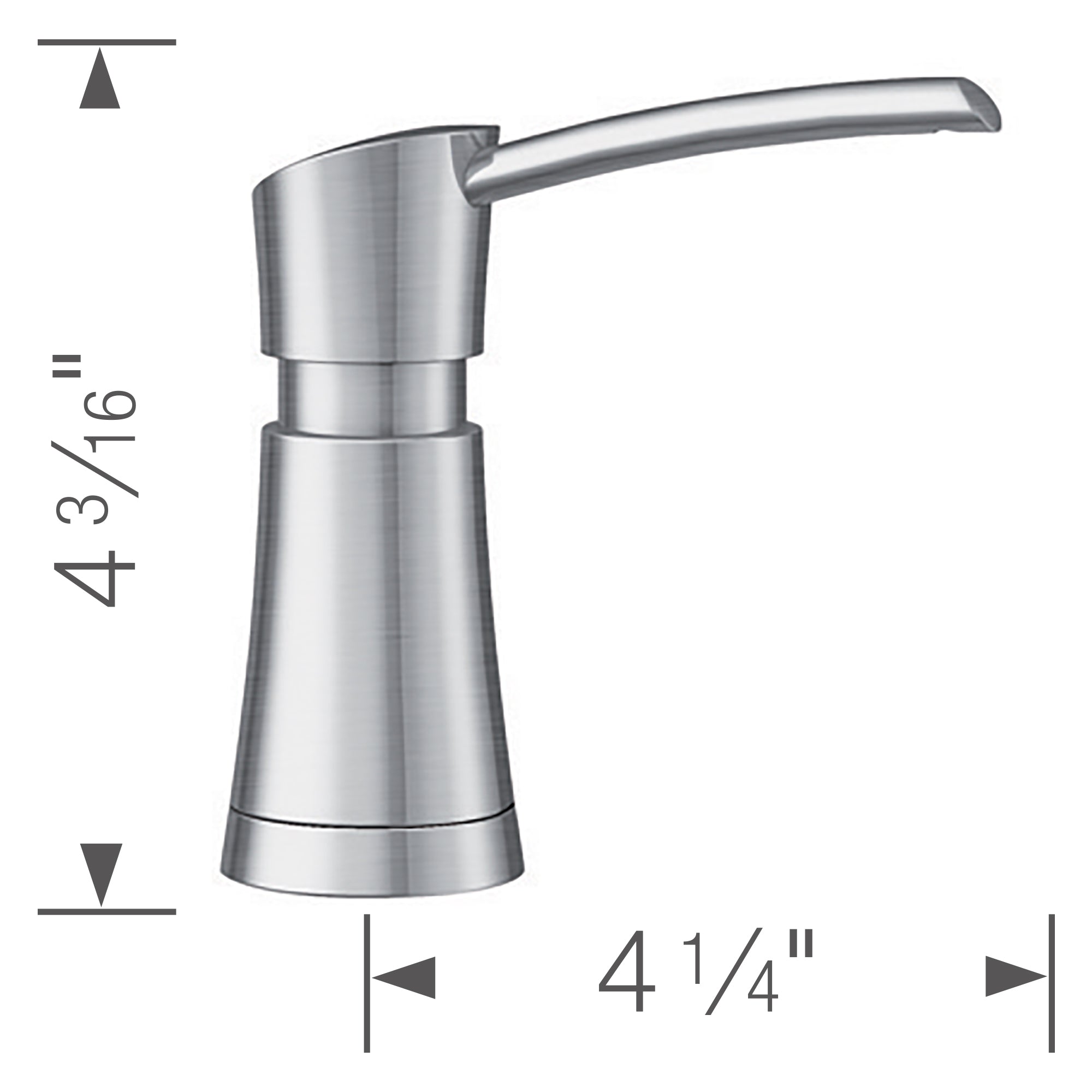 Stainless steel soap dispenser with tapered cylindrical body and curved handle spout, 4 3/16 inches tall.