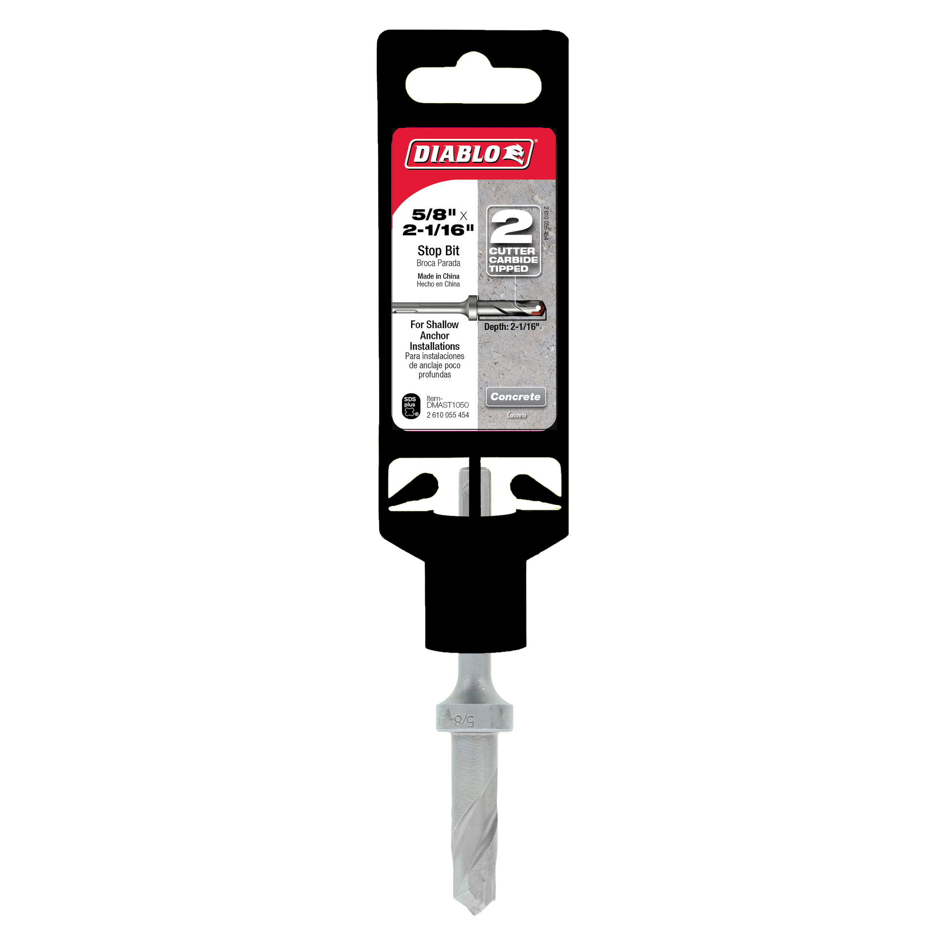 Diablo SDS-Plus stop bit with black packaging, gray metal shaft, and two-cutter design for concrete drilling.