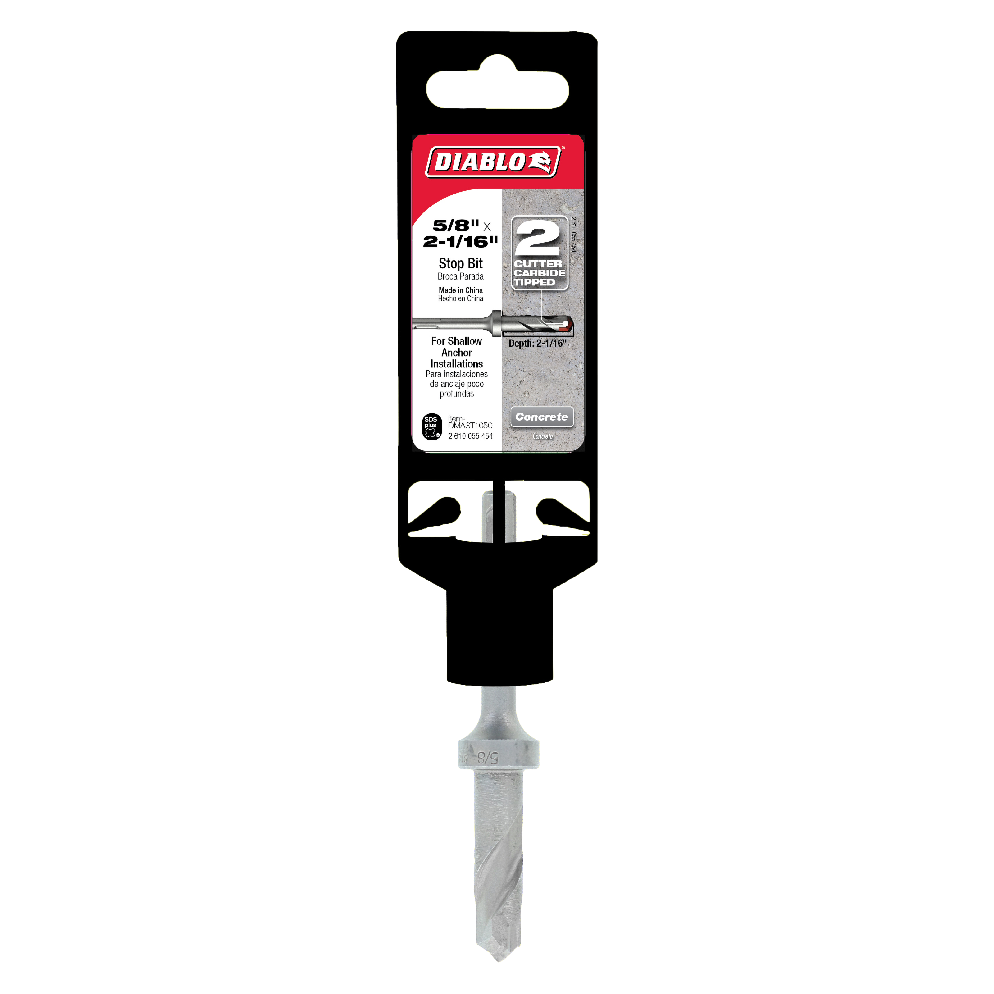 Diablo SDS-Plus stop bit with black packaging, gray metal shaft, and two-cutter design for concrete drilling.