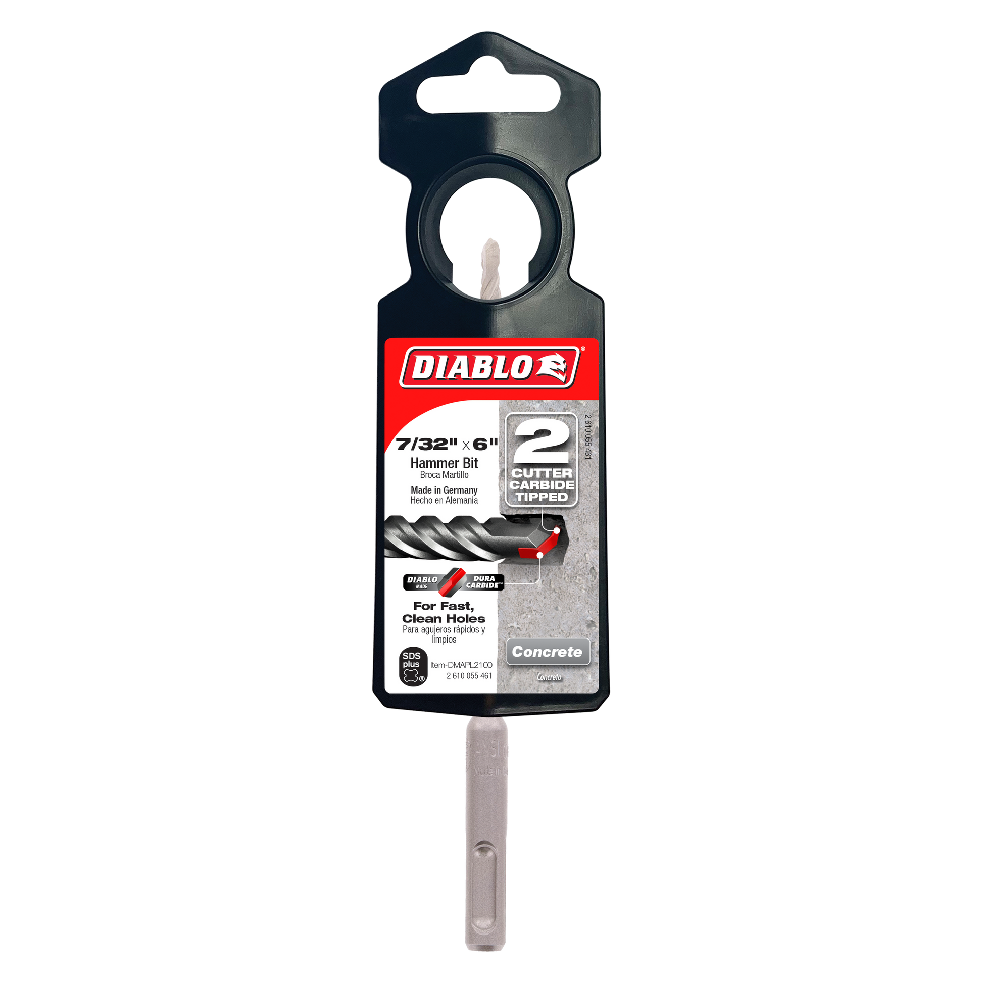 Diablo SDS-Plus hammer drill bit with 2 carbide cutters, 7/32 inch diameter, mounted on black plastic packaging card.