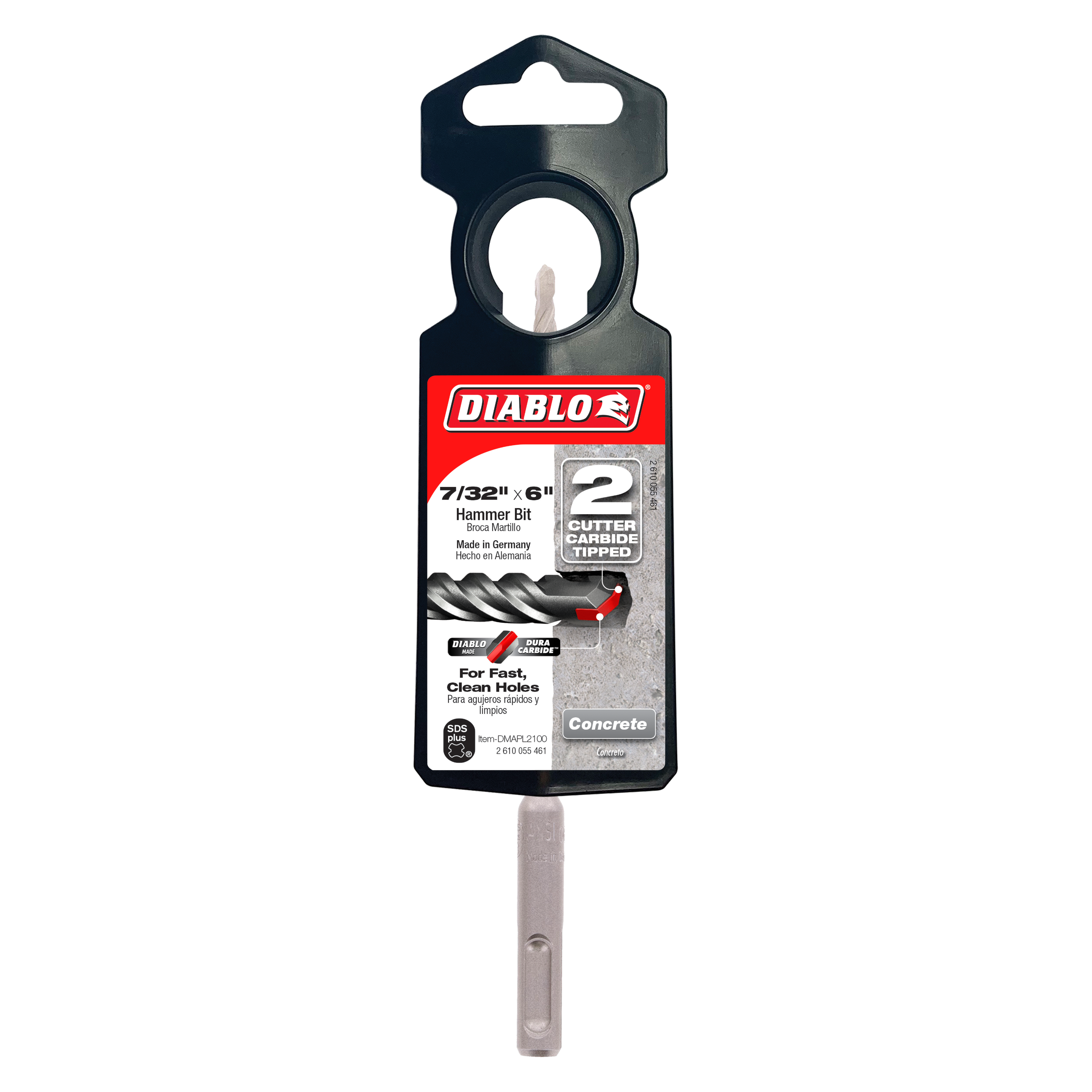 Diablo SDS-Plus hammer drill bit with 2 carbide cutters, 7/32 inch diameter, mounted on black plastic packaging card.