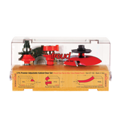Three red router bits with metal shanks displayed in clear plastic case over wooden base with technical diagrams.