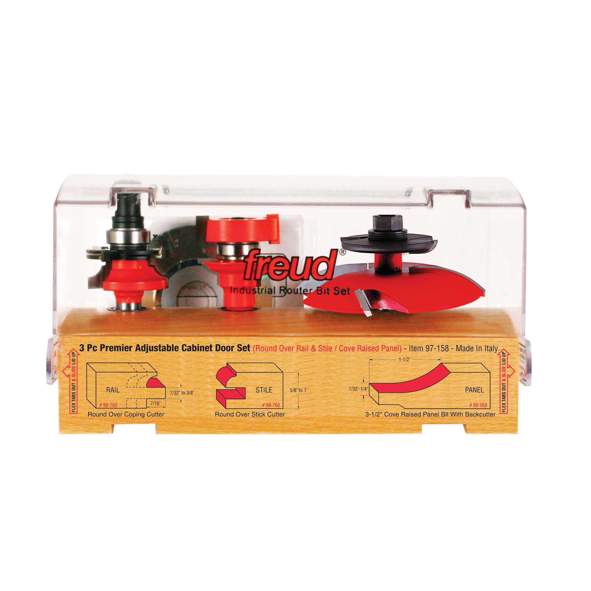 Three red router bits with metal shanks displayed in clear plastic case over wooden base with technical diagrams.