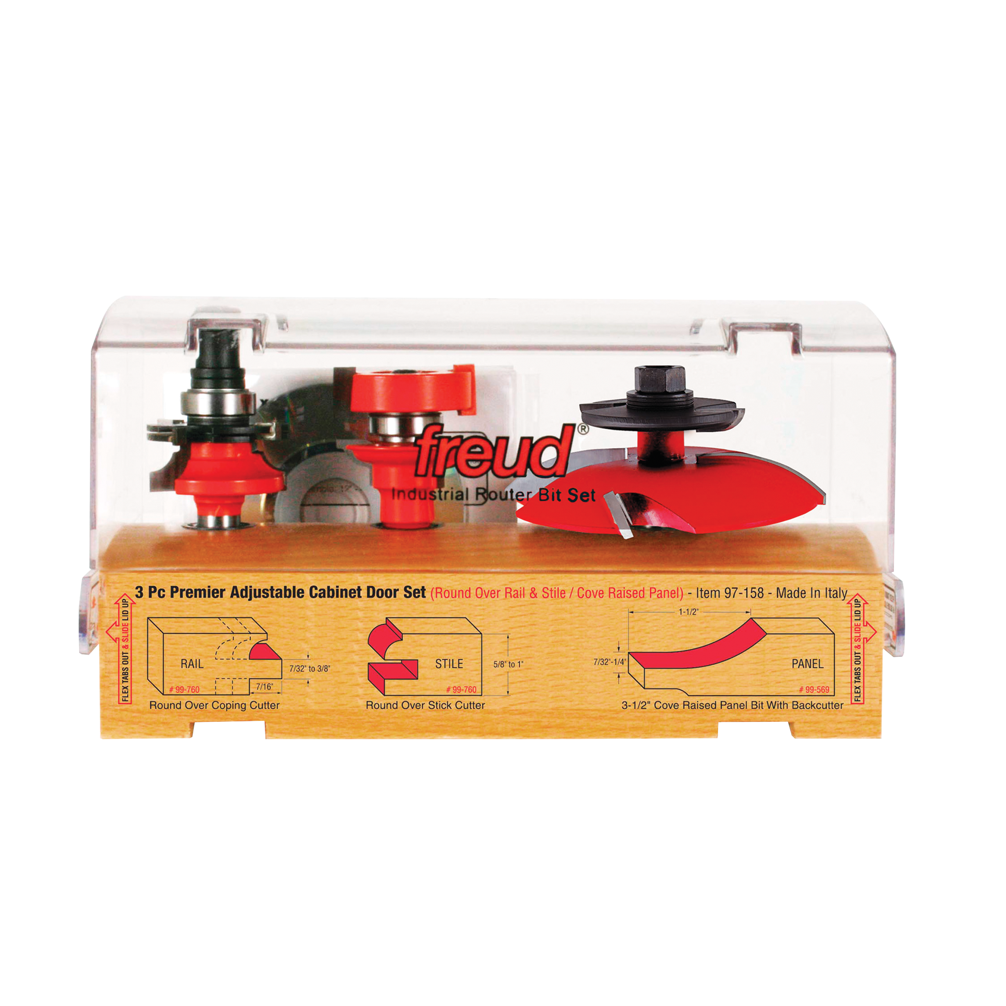 Three red router bits with metal shanks displayed in clear plastic case over wooden base with technical diagrams.
