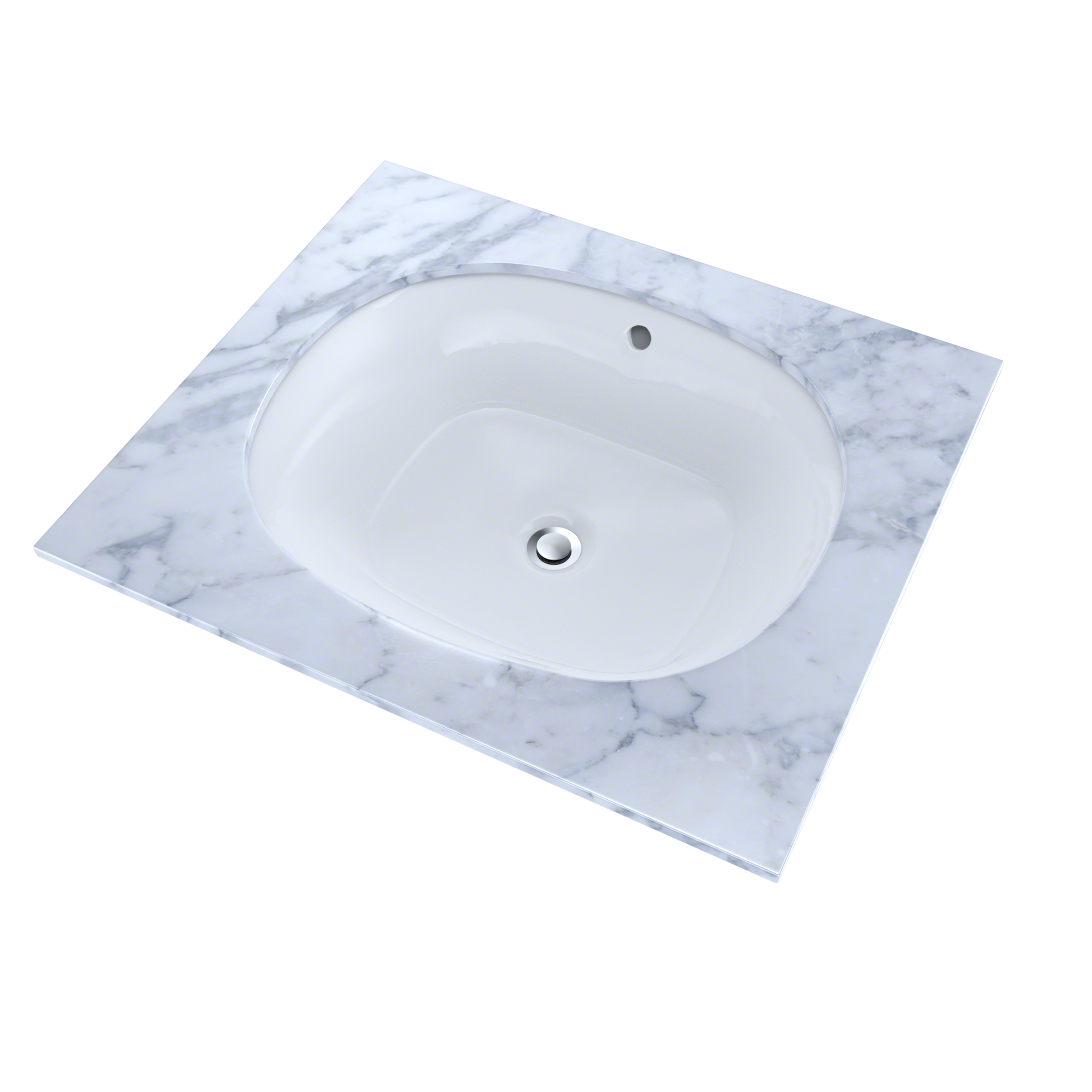 White oval undermount bathroom sink with single faucet hole, shown from above with marble-pattern countertop.