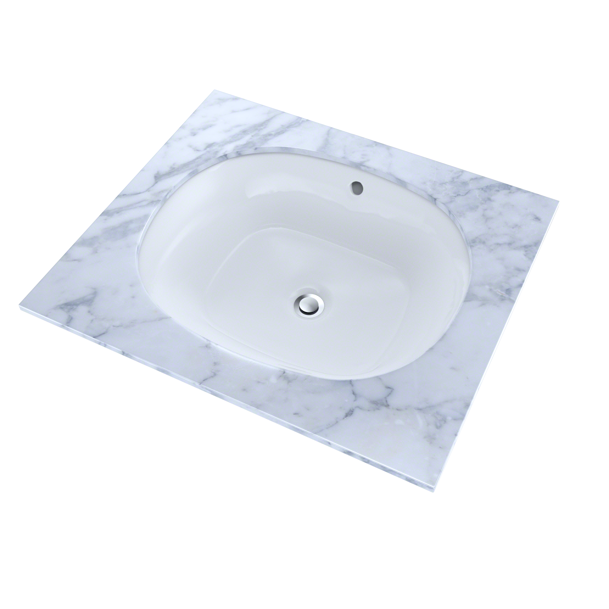 White oval undermount bathroom sink with single faucet hole, shown from above with marble-pattern countertop.
